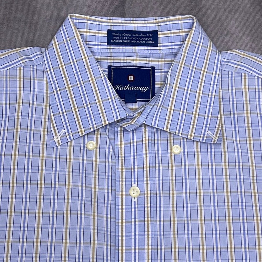 Hathaway Button Down Shirt Mens Large Blue Plaid Long Sleeve Cotton Excellent